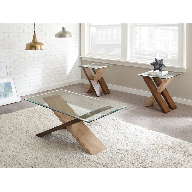 Tasha Square Glass Top End Table with  Natural and Cherry base