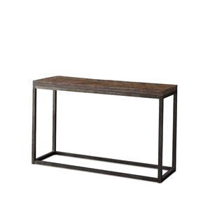 lorenza console table in distressed brown wood with nickel base