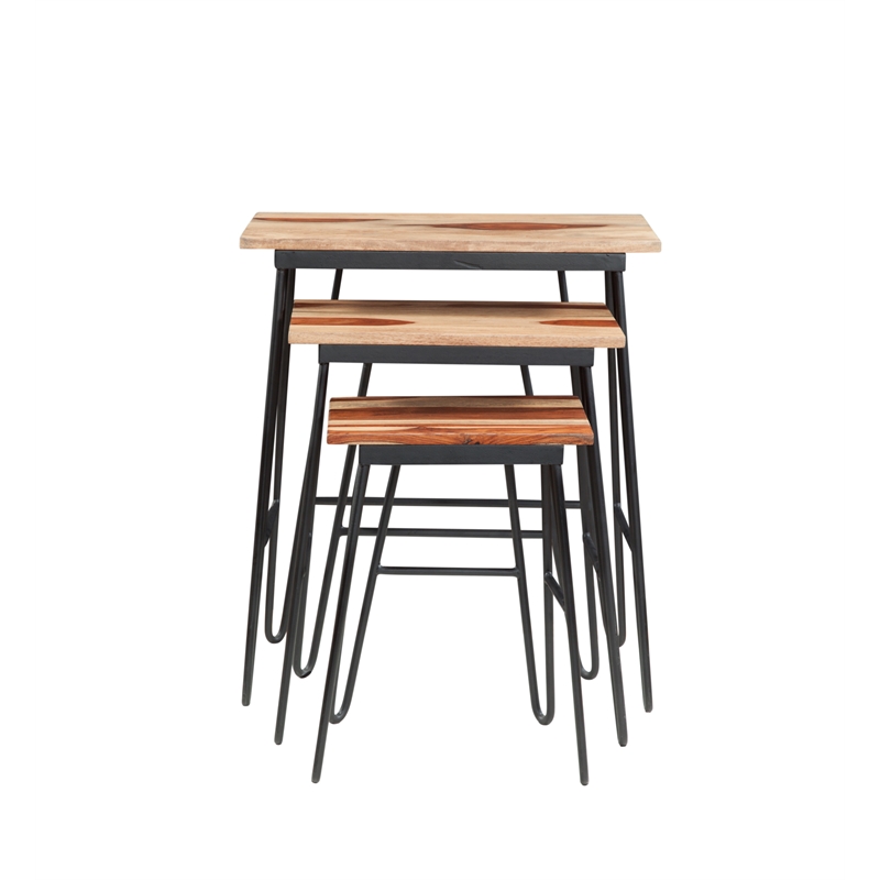 Tristan 3 Piece Nesting Table Set in Brown Sheesham wood with black metal base