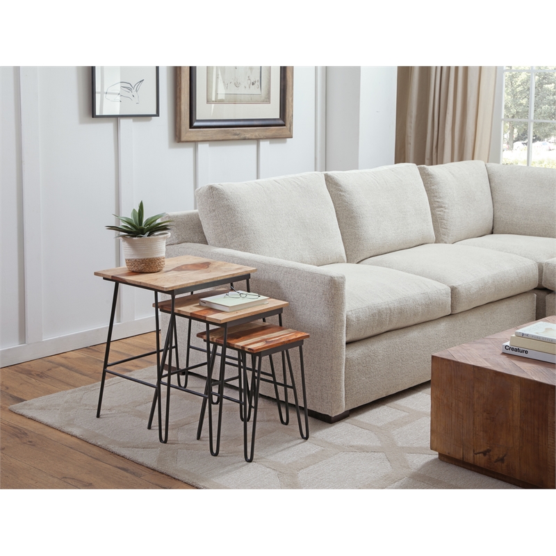 Tristan 3 Piece Nesting Table Set in Brown Sheesham wood with black metal base