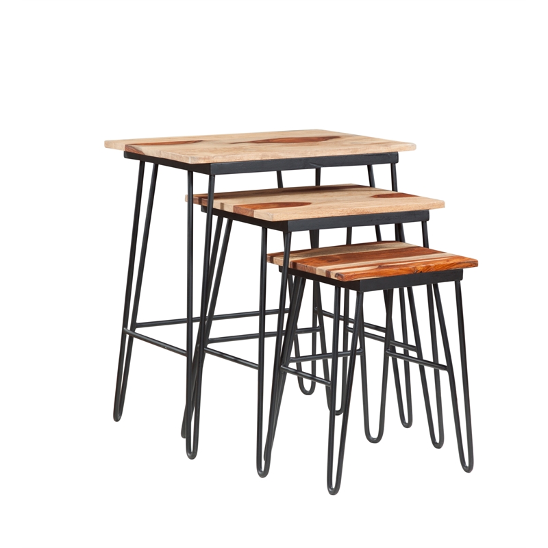 Tristan 3 Piece Nesting Table Set in Brown Sheesham wood with black metal base