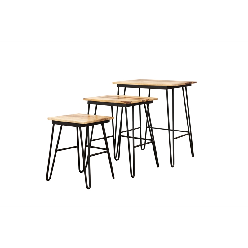 Tristan 3 Piece Nesting Table Set in Brown Sheesham wood with black metal base