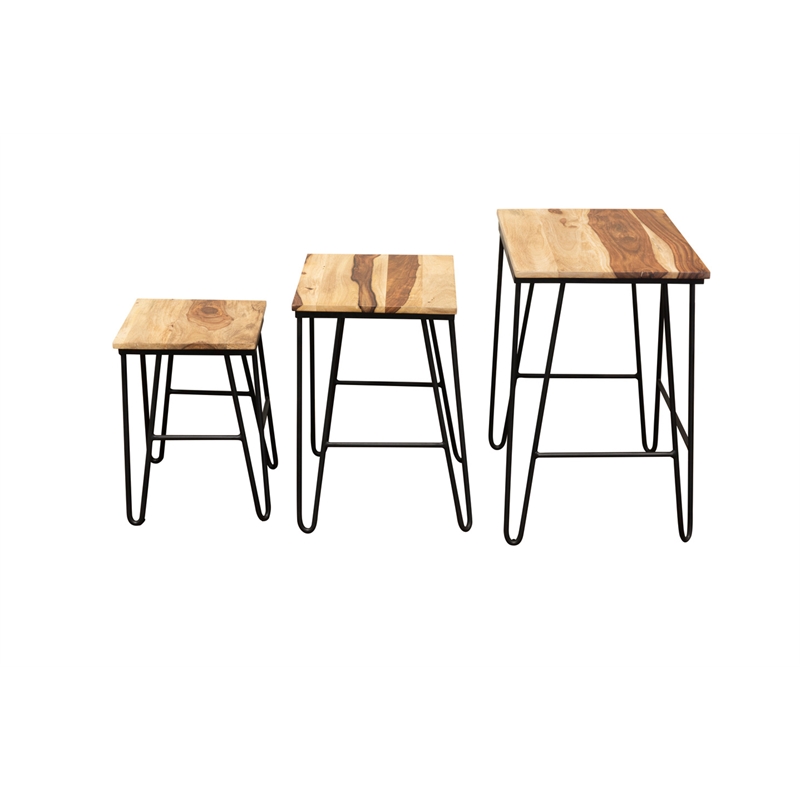 Tristan 3 Piece Nesting Table Set in Brown Sheesham wood with black metal base