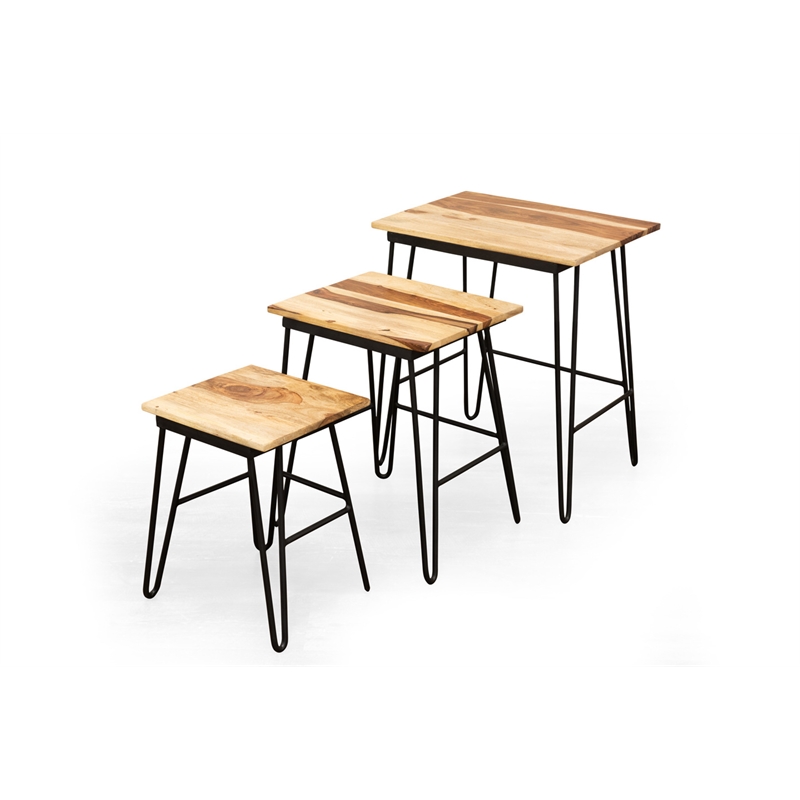 Tristan 3 Piece Nesting Table Set in Brown Sheesham wood with black metal base