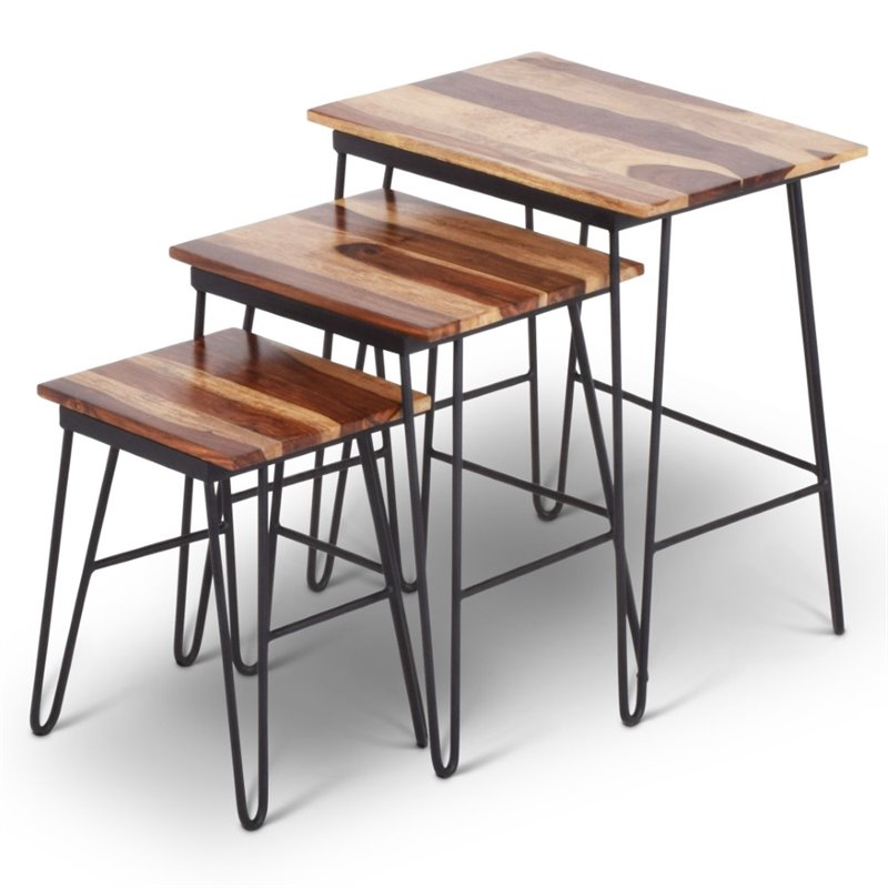 Tristan 3 Piece Nesting Table Set in Brown Sheesham wood with black metal base