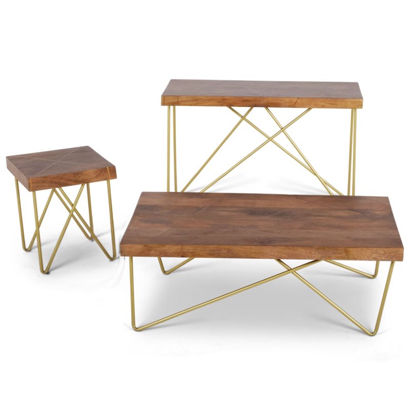Walter Coffee Table in Warm Brown Pine and Brass