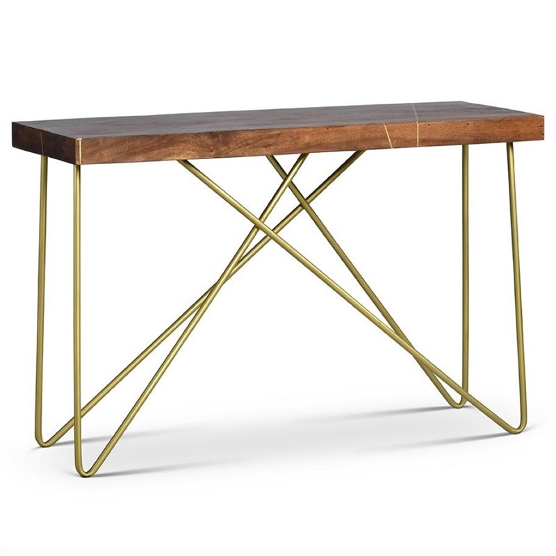 Walter Console Table in Warm Brown Pine and Brass
