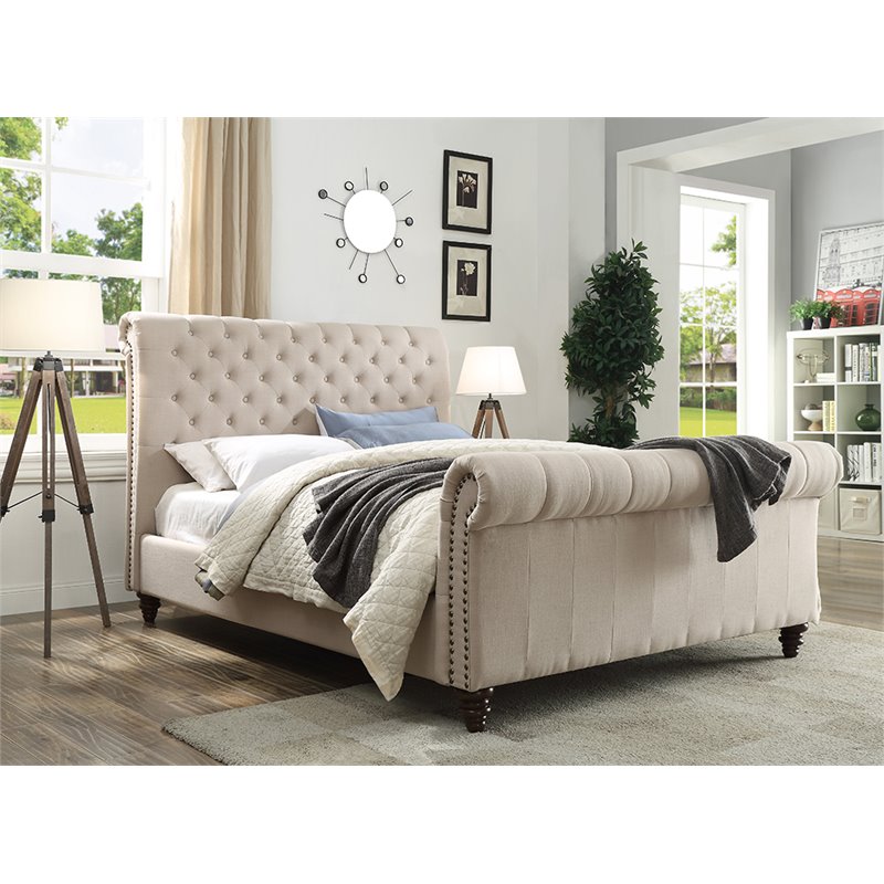 Swanson Tufted King Sleigh Bed in Sand Beige upholstery | Cymax Business