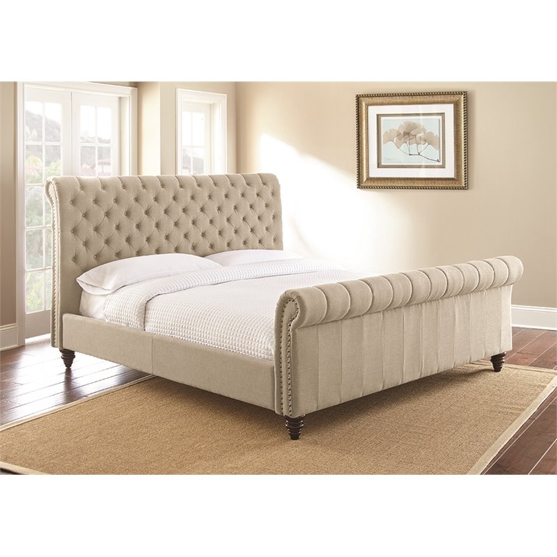 Swanson Tufted Queen Sleigh Bed in Sand Beige upholstery