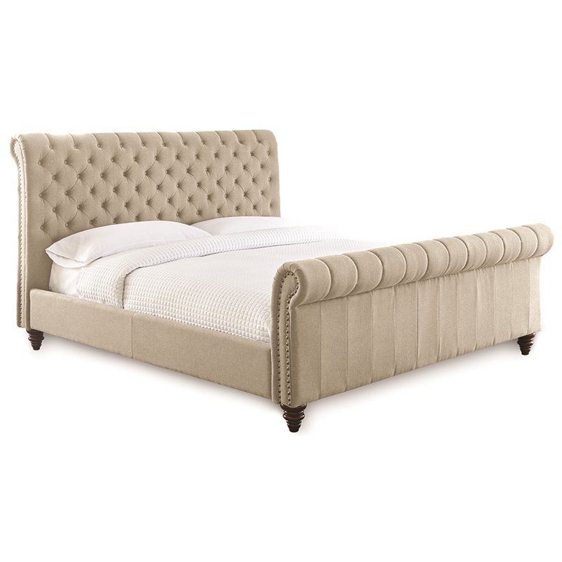 Swanson Tufted Queen Sleigh Bed in Sand Beige upholstery Cymax Business