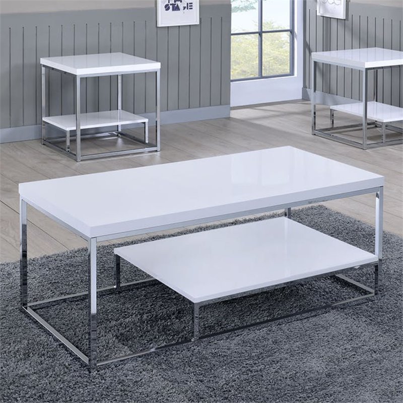 Steve Silver Lucia Metal Coffee Table in White and Chrome Metal
