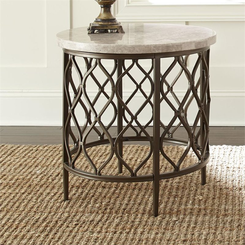Steve Silver Roland Round Stone Top with Bronze Metal Base End Table