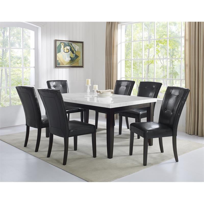 Francis 7-Piece Rectangle Dining Set White Marble Top and Black Side Chairs