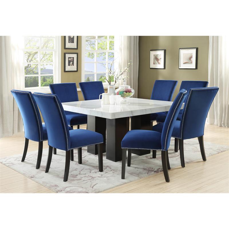 Camila Marble Top Square 9-Piece Dining Set with Blue Velvet Chairs