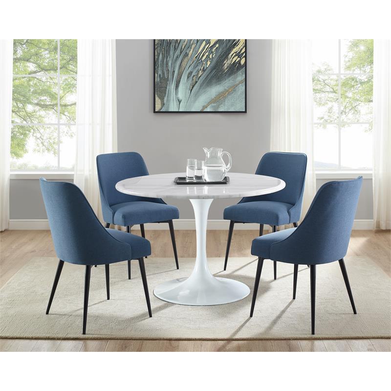 Colfax White Marquina Marble 5-Piece Dining Set with Blue Chairs