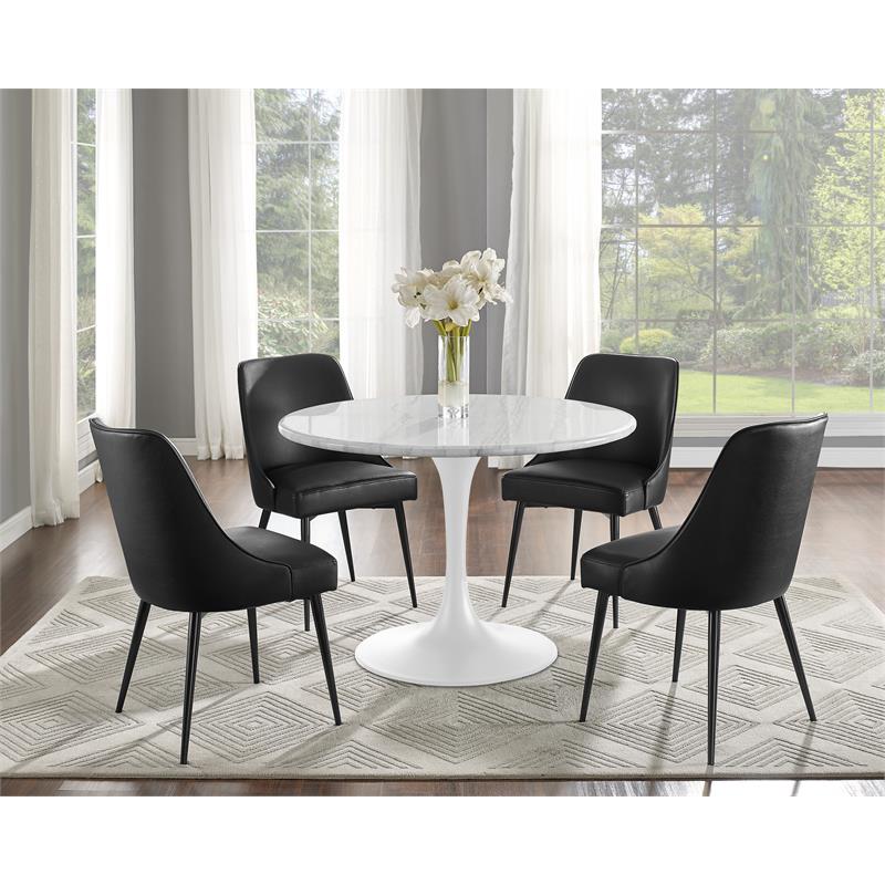 Colfax White Marquina Marble 5-Piece Dining Set with Black Vinyl Chairs