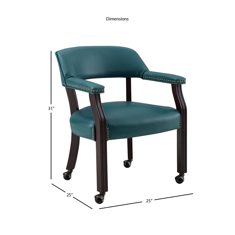 Tournament Teal Green Faux Leather Arm Chair with Casters and Cherry