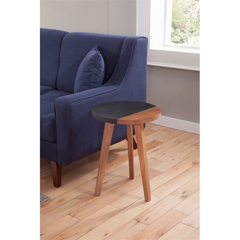 Caspian Slate/Natural Matte Finish Round Accent End Table with Brown wood detail