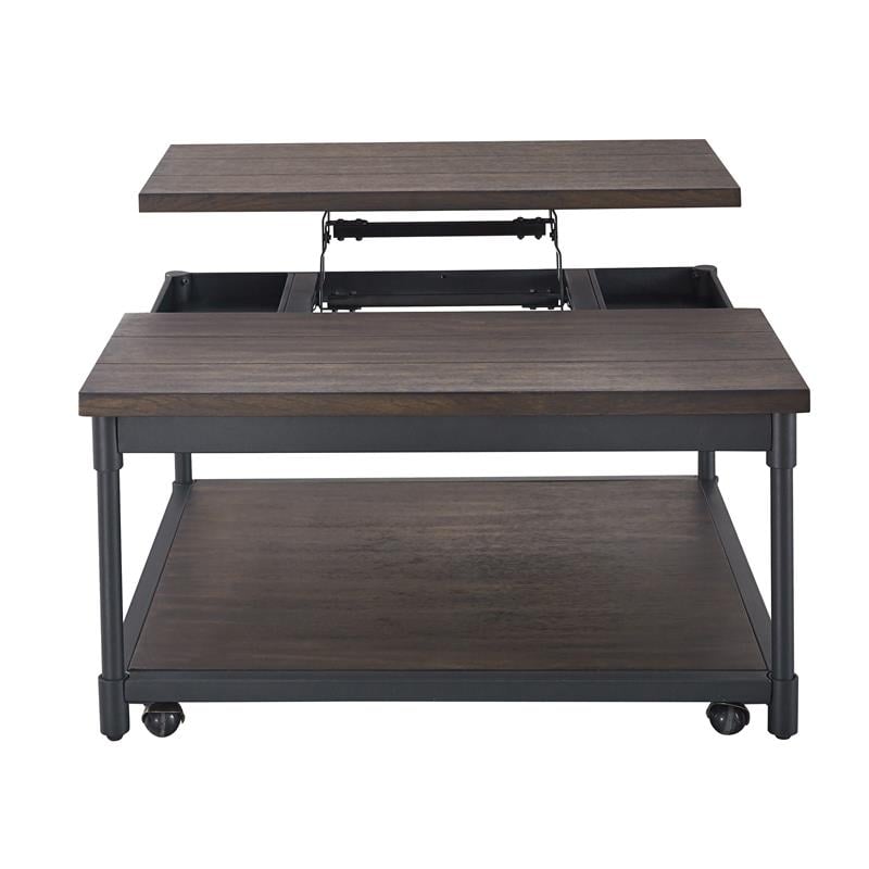 steve silver prescott smokey oak and black metal lift-top square cocktail table