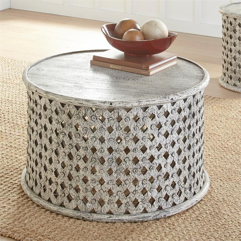 Samir Aged Alabaster White Round Wood Cocktail Table