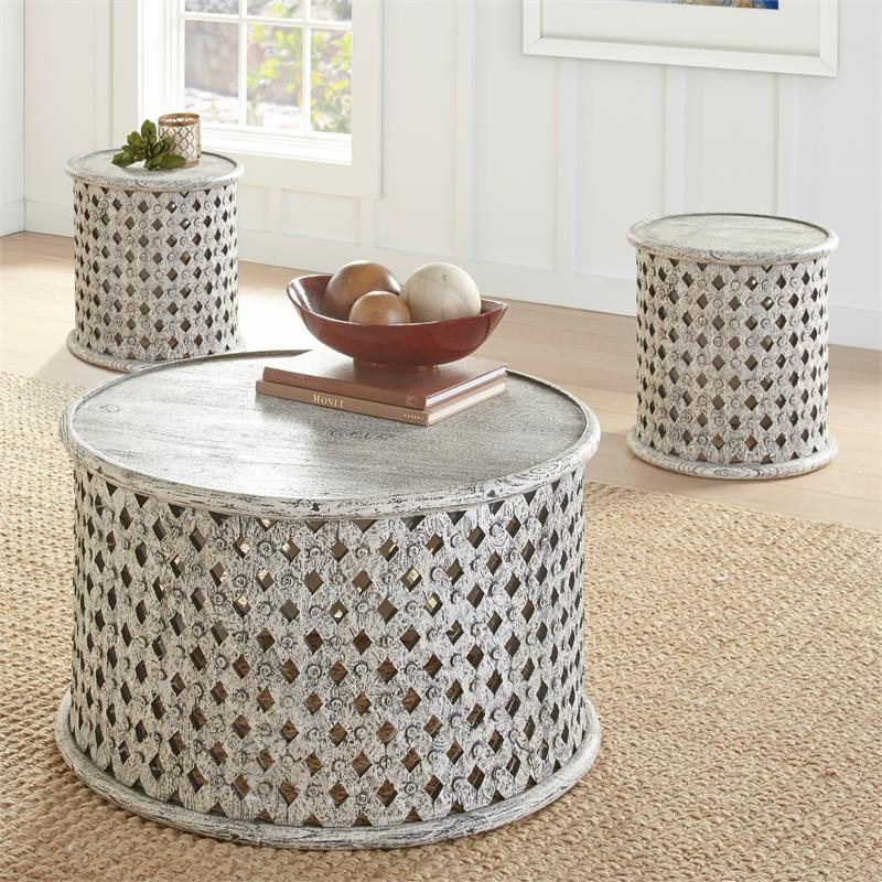 Samir Aged Alabaster White Round Wood Cocktail Table