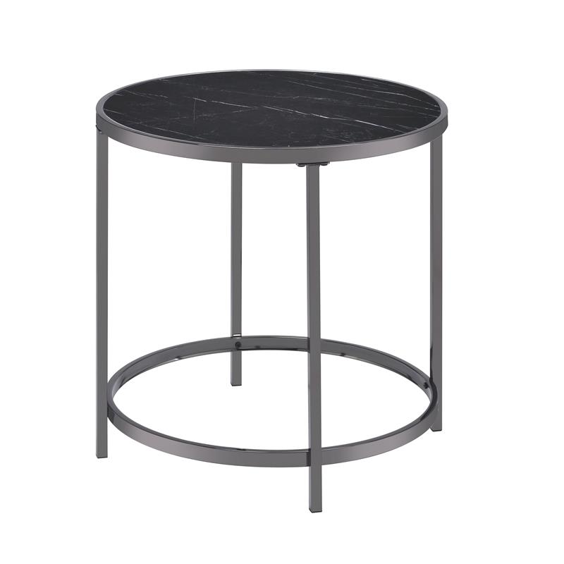 Rayne Black Faux Marble Glass and Chrome Round End Table RY300EB