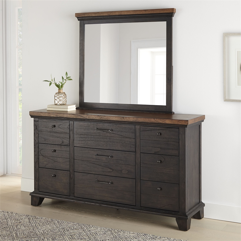 Bear Creek Chocolate and Honey Brown Nine-Drawer Wood Dresser and Mirror