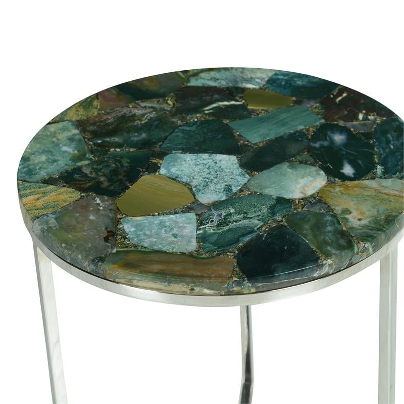 Steve Silver Foster Round Spa Green Agate Top and Nickel Base Chairside Table