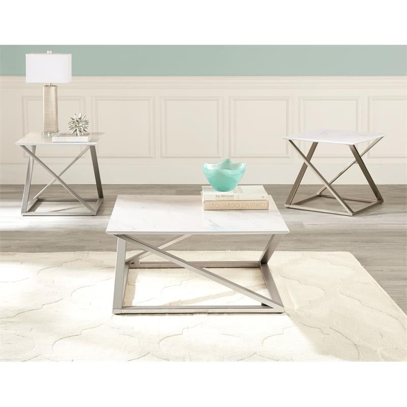Steve Silver Zurich Square White Faux Marble Mixed Media End Table