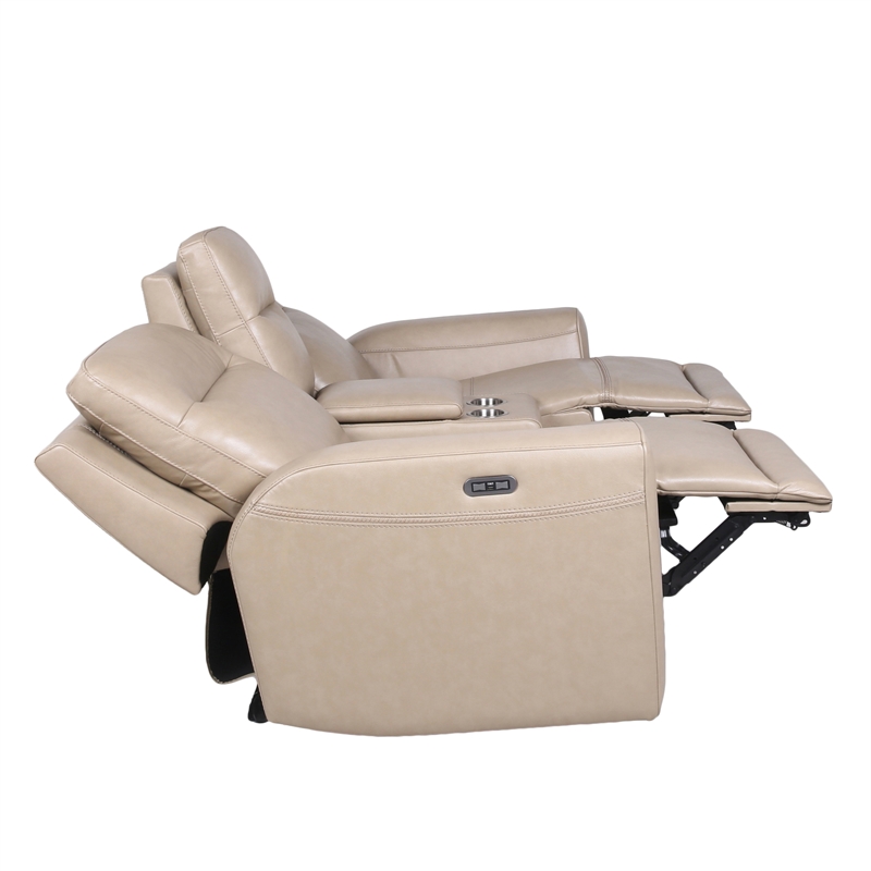 Doncella Beige Sand Leather Power Reclining Console Loveseat