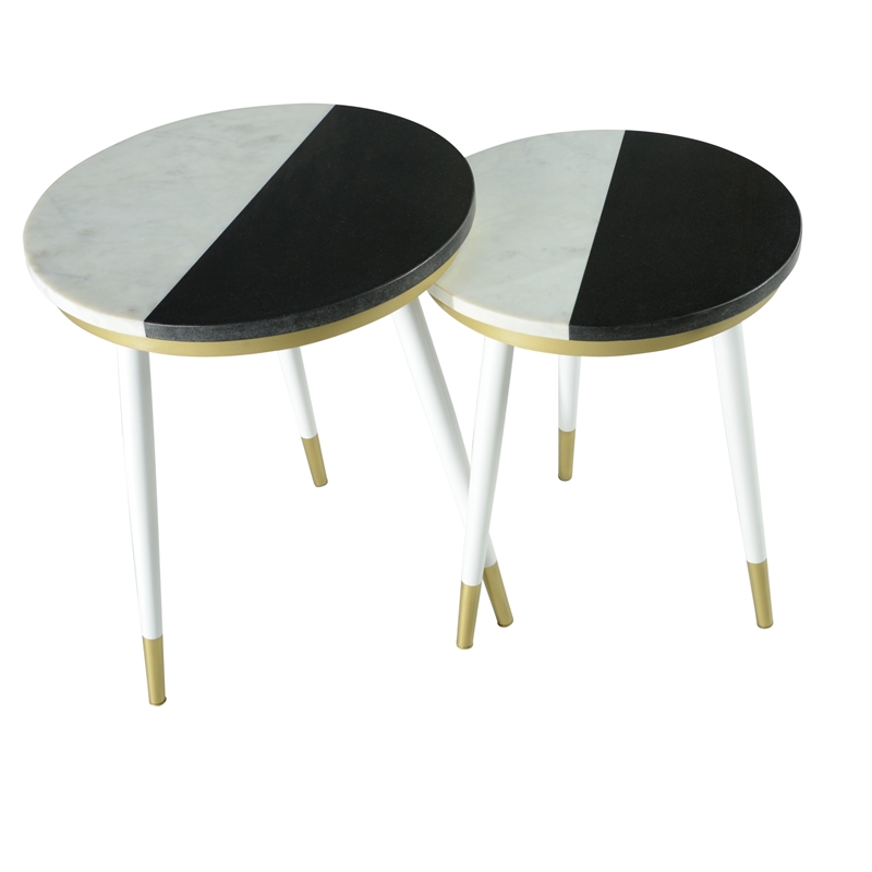 Taj Black and White Marble Top 2-Pack Round Side Table Set