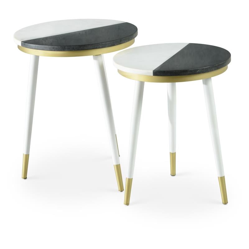 Taj Black and White Marble Top 2-Pack Round Side Table Set