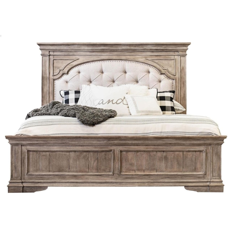 Highland Park Driftwood Gray Wood Upholstered Panel King Bed