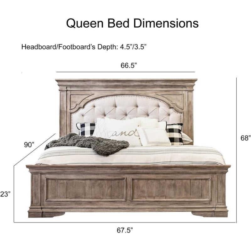 Highland Park Solid Wood Driftwood Gray Upholstered Panel Queen Bed