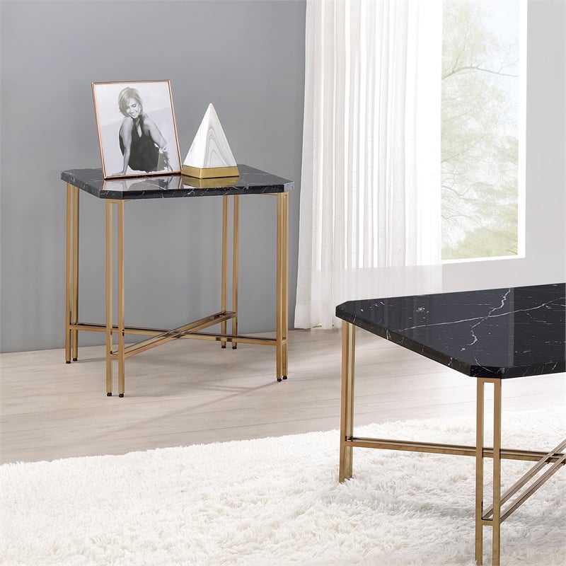 Steve Silver Daxton Black Faux Marble and Gold Metal  End Table