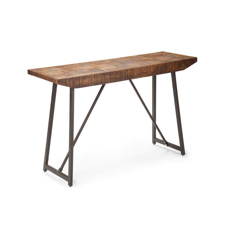 Walden Brown Wood Parquet Top with Dark Gray Iron Base Sofa Table
