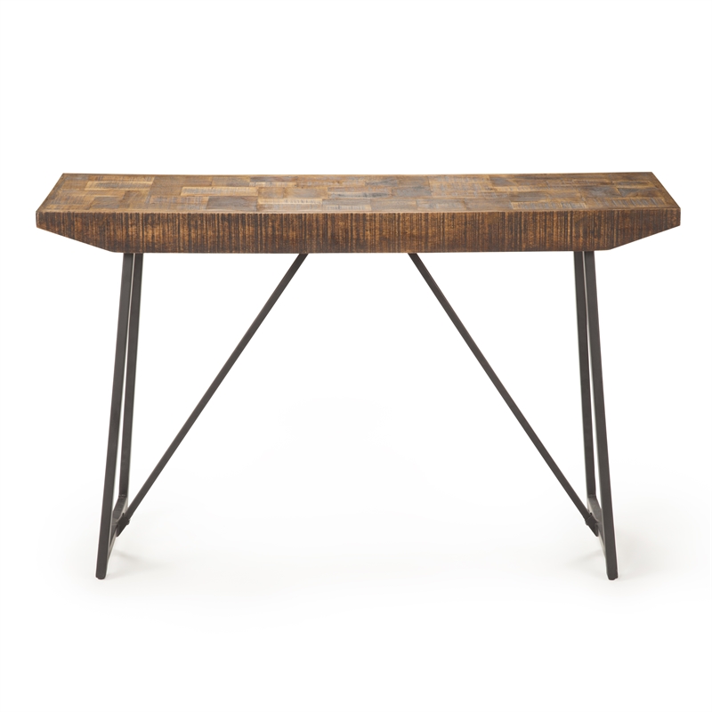 Walden Brown Wood Parquet Top with Dark Gray Iron Base Sofa Table