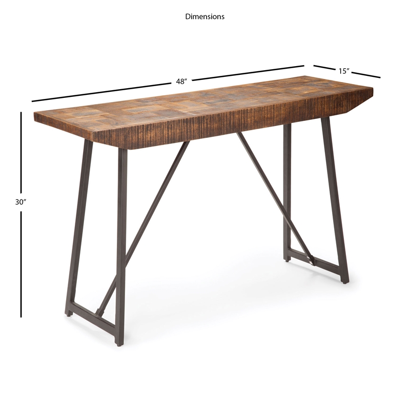 Walden Brown Wood Parquet Top with Dark Gray Iron Base Sofa Table