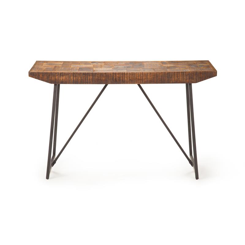 Walden Brown Wood Parquet Top with Dark Gray Iron Base Sofa Table