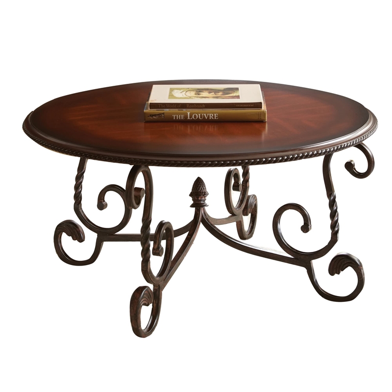 Crowley Cherry Wood Coffee Table with Scrolling Metal Base