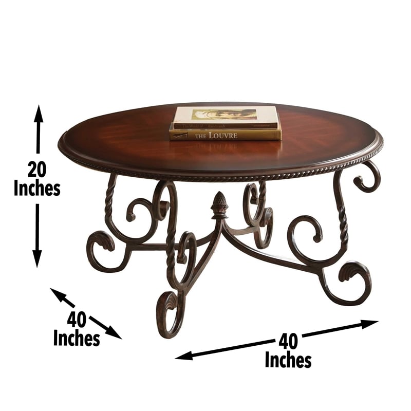 Crowley Cherry Wood Coffee Table with Scrolling Metal Base
