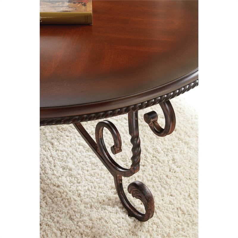 Crowley Cherry Wood Coffee Table with Scrolling Metal Base