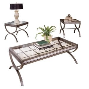 emerson 3 piece coffee and end table set in nickel metal finish and glass top