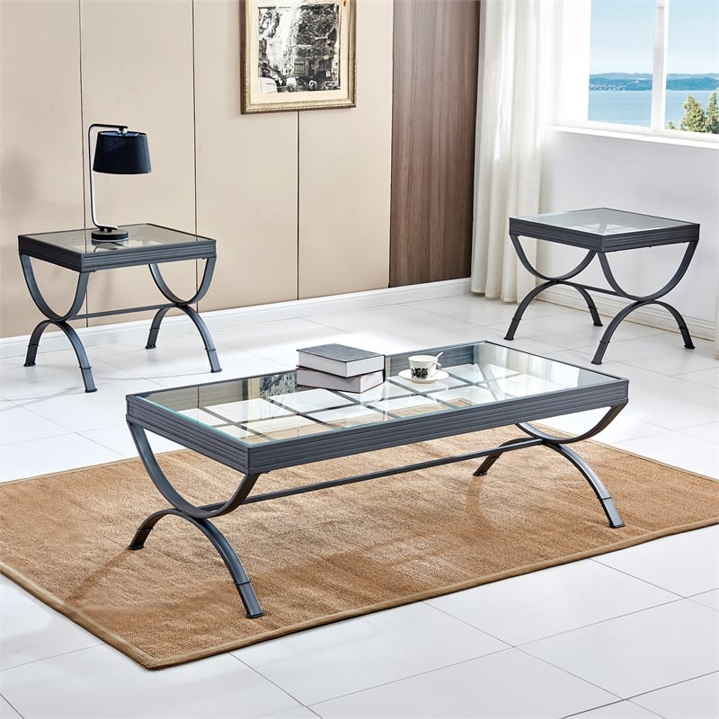 Emerson 3 Piece Coffee and End Table Set in Nickel metal finish and glass top