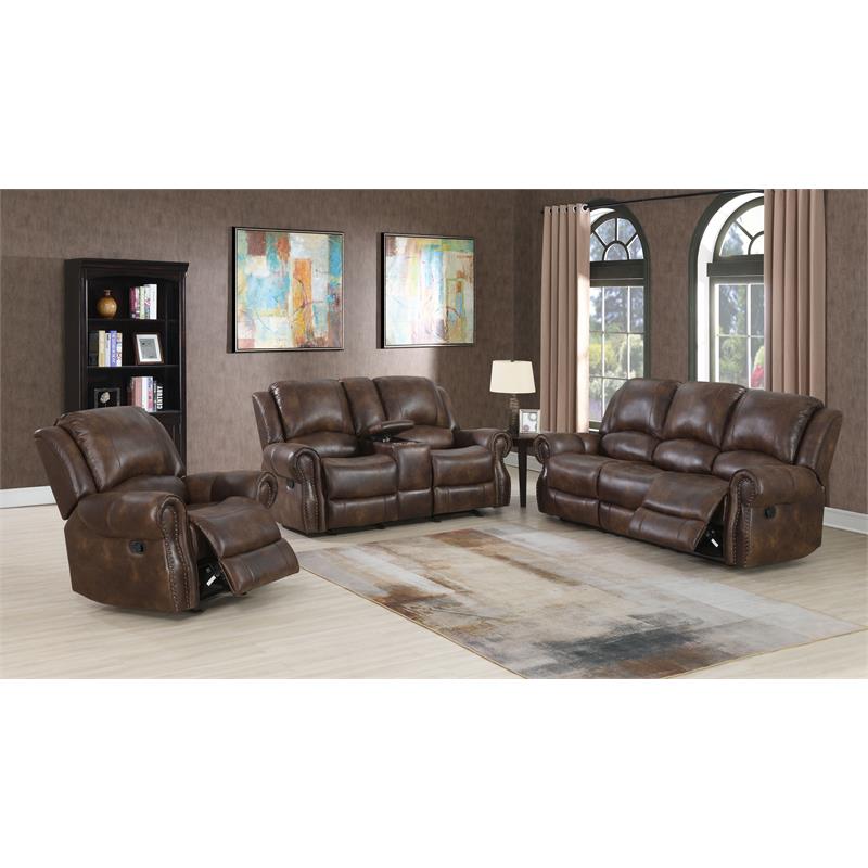 Navarro  Saddle Brown Faux Leather Reclining Console Loveseat