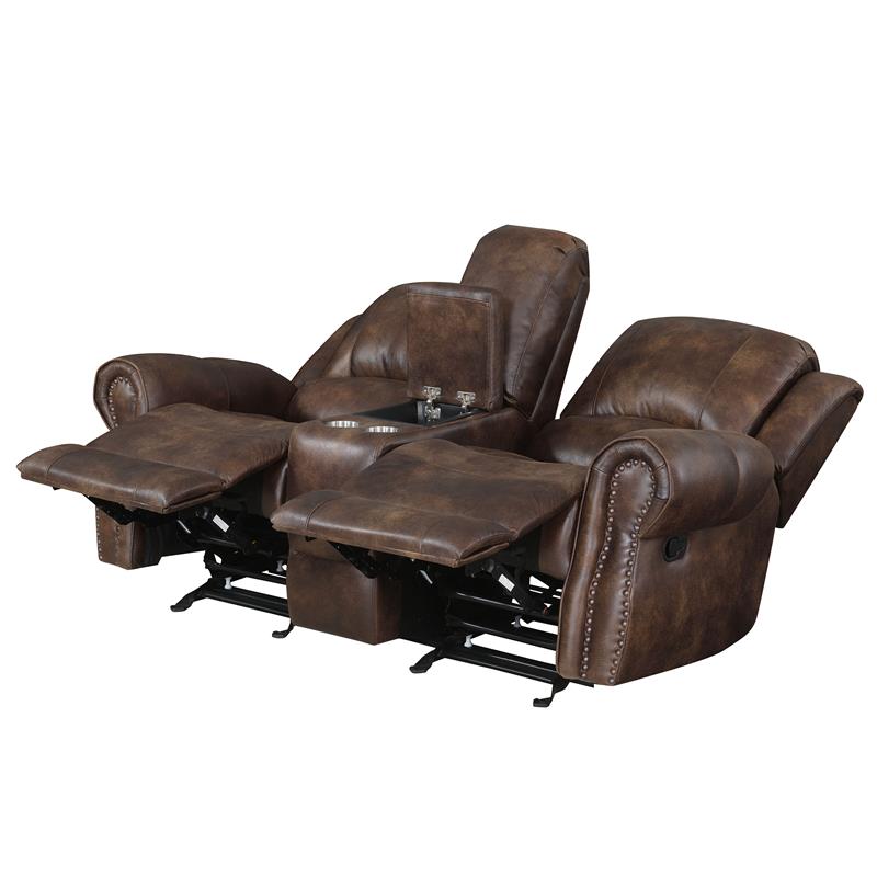 Navarro  Saddle Brown Faux Leather Reclining Console Loveseat