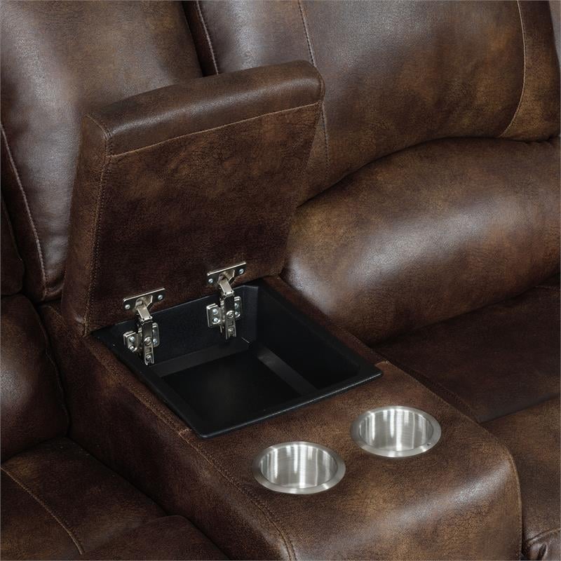Navarro  Saddle Brown Faux Leather Reclining Console Loveseat