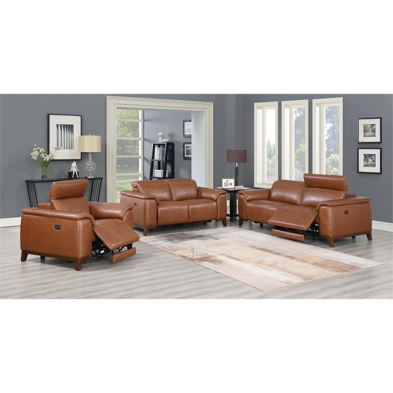 Bergamo Top Grain Leather Power Reclining Sofa in Brown/Mocha Legs