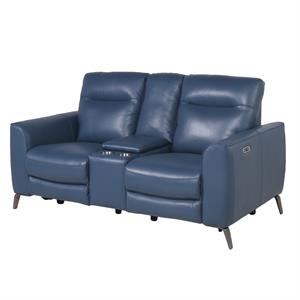 sansa ocean blue top grain leather power reclining console loveseat