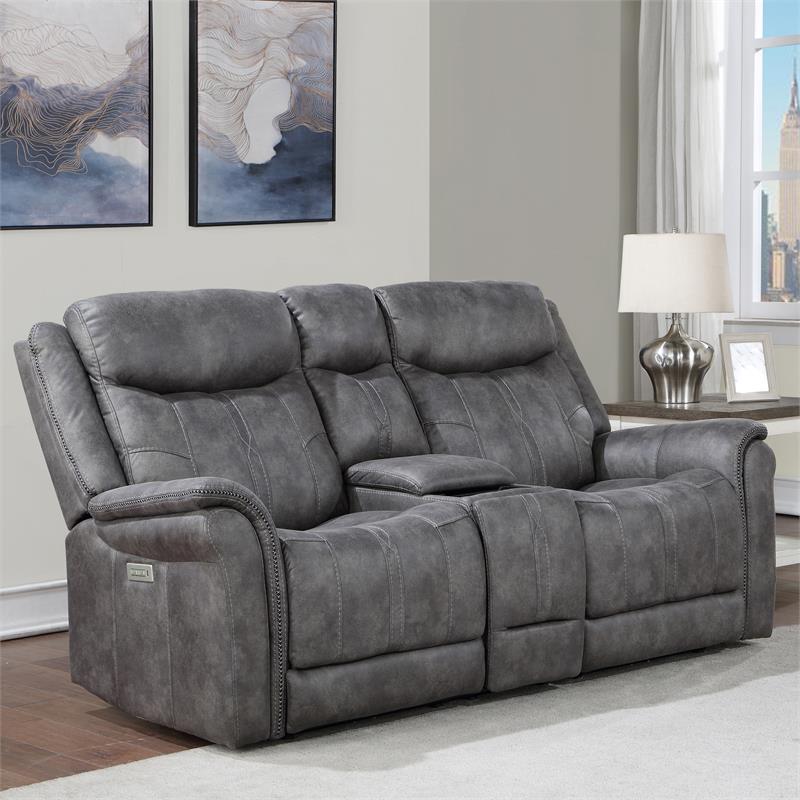 Morrison Power Console Loveseat Stone Faux Suede Fabric